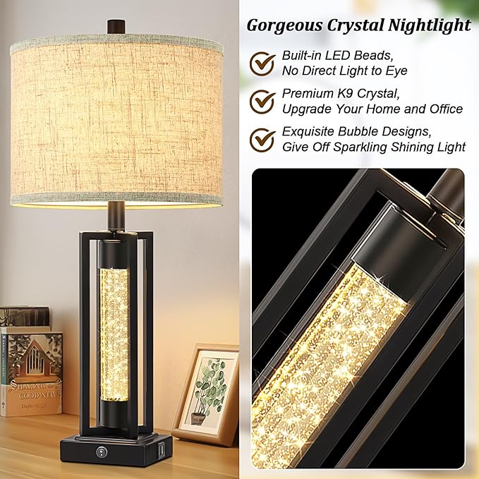 TOBUSA 26’’ Farmhouse Table Lamps for Living Room with Crystal Night Light Set of 2, Modern Nightstand Lamps with 2 USB Ports, Vintage Home Decor Black Bedside Lamps with Linen Shade for Bedroom