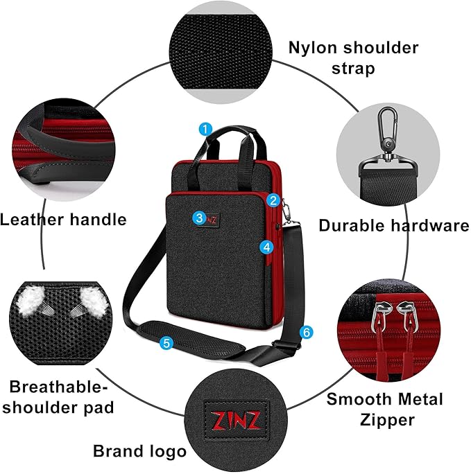 ZINZ Laptop Shoulder Bag 12.3-13 inch Case Sleeve, Expandable Handbag with Valuables Compartment Compatible with MacBook Air/Pro/Neo 13", iPad 12.9"/13"/11", Shockproof,Black-Wine edge
