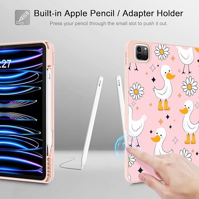 May Chen for iPad Pro M2 12.9 inch Case 6th/5th/4th/3rd Generation 2022 2021 2020 2018, Trifold Stand with Auto Wake/Sleep Soft TPU Protective Stand Back Cover, Daisy Ducks
