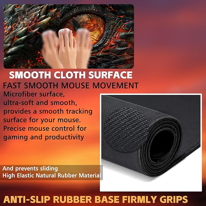 Desk Pad, Fire Dragon Eyes Gaming Mouse Pad, 31.5"x15.7" Extended Big Computer Keyboard Mouse Mat with Non-Slip Base and Stitched Edge