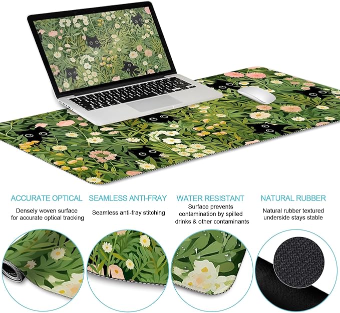 LIMKRIAN Cat Ergonomic Mouse Pad with Wrist Rest Desk Mat Set, Green Gaming Mouse Pad Wrist Support, Keyboard Mat Wrist Rest Cup Coaster Funny Office Decor
