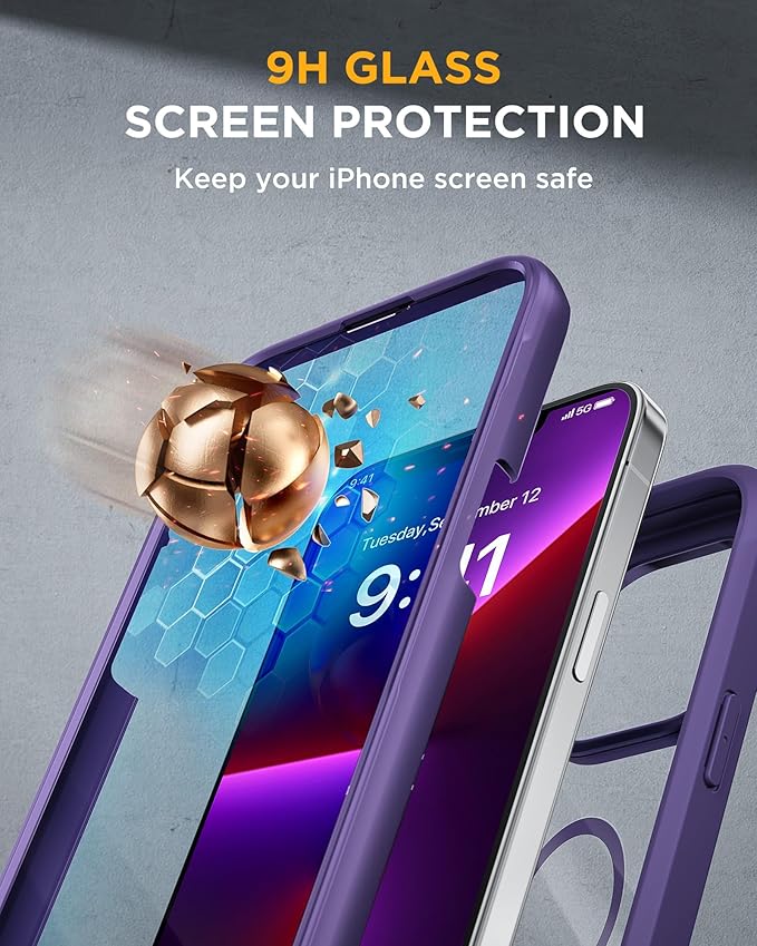 Miracase Magnetic for iPhone 13 Pro Max Case 6.7 inch, (Compatible with MagSafe) Upgrade Full-Body Clear Phone Bumper Case with Built-in 9H Tempered Glass Screen Protector, Magnetic Purple