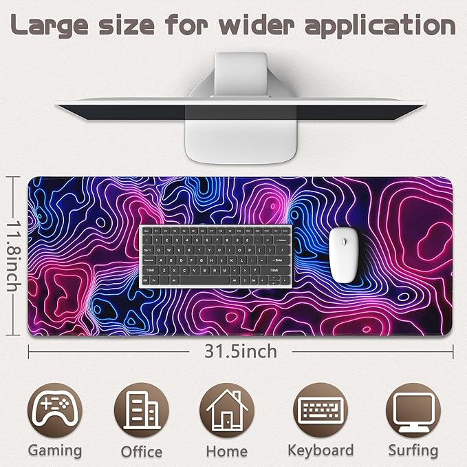 Gaming Mouse Pad - (31.5"×11.8") Topographic Large Mouse Pads for Desk - Desk Mat for Keyboard and Mouse with Non-Slip Base, Desks Pad Matfor Game/Office & Home