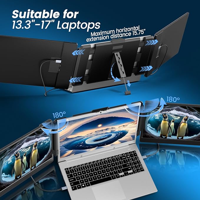 domyfan 14" Laptop Screen Extender, FHD 1080P IPS Triple Portable Monitor for Laptop, HDMI/USB-A/Type-C for Windows, Mac, Android, Chrome, Switch & PS5, Work with 13.3”-17” Laptops