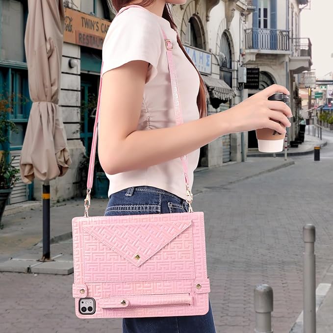 Shiny Case for iPad Pro 12.9" 6th/5th/4th Gen & iPad Air 13-inch Handbag w/Hand Strap, Techcircle Crossbody Iridescent Folio Stand Wallet Case w/Pencil Holder+Shoulder Strap, Shiny Pink
