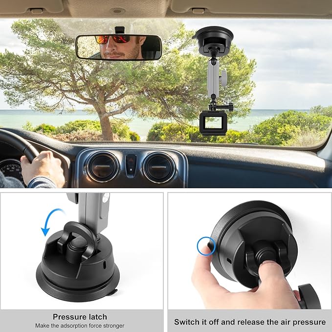 PULUZ Car Suction Cup Mount 360° Rotation Windshield & Window Camera Bracket for GoPro Hero 11 10 9 8 7 Insta360 X3 DJI Action Camera Accessories with Phone Holder with 1/4 Thread