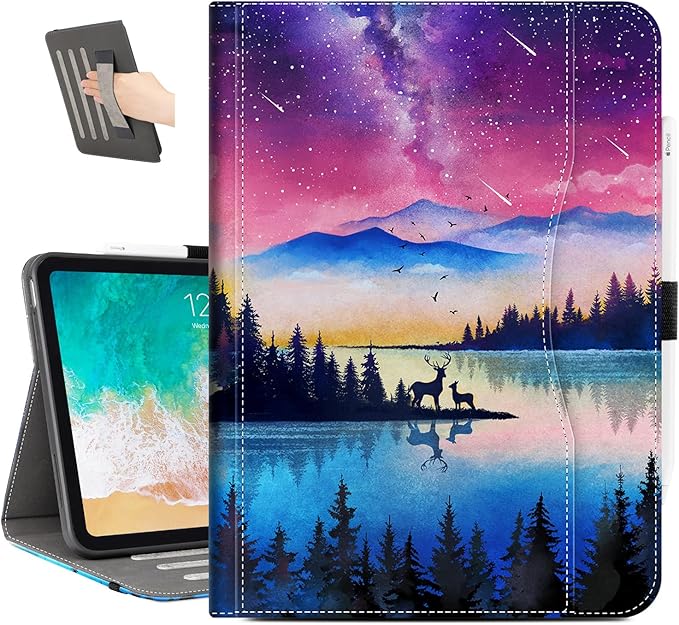 for iPad (A16) 11Th/10Th Generation Case 2025/2022, for iPad Case 11Th/10Th Generation, 10Th/11Th Gen iPadCase Cover Pencil Holder/Hand Strap/Pocket/Adjustable Stand, Starry Night Deer