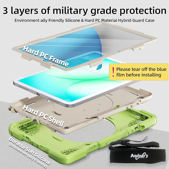 Andnary Case for Samsung Galaxy Tab A11+ Plus/A9+ 11 Inch 2025/2023, Tablet Case for Samsung Galaxy A9 Plus/A11+ with Screen Protector/360° Rotating Stand/Pen Holder/Shoulder Strap (Green)