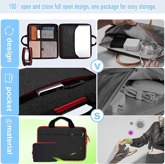 Hseok 13 14 inch Laptop Case Sleeve with Small Case,TSA Computer Handbag Compatible with MacBook Neo/Pro 14 M5/M4/M3/M2/M1,All Models 13.3" MacBook Air/Pro,XPS 13/14,Most 13-14 Notebooks,Black-red