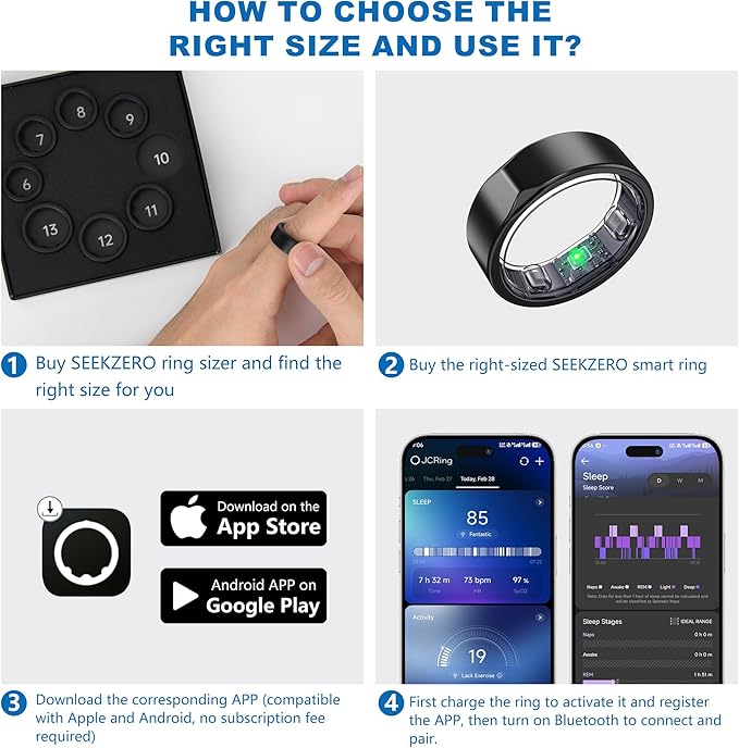 Smart Ring for Women Men, Titanium Fitness Ring with Heart Rate, Stress & Sleep Monitoring,Step & Calorie Counter, 5ATM Waterproof for iPhone and Android,No Subscription Fee (Black, 6)