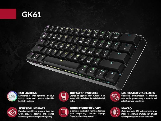GK61 Mechanical Gaming Keyboard - 61 Keys Multi Color RGB Illuminated LED Backlit Wired Programmable for PC/Mac Gamer (Gateron Optical Red, Black)