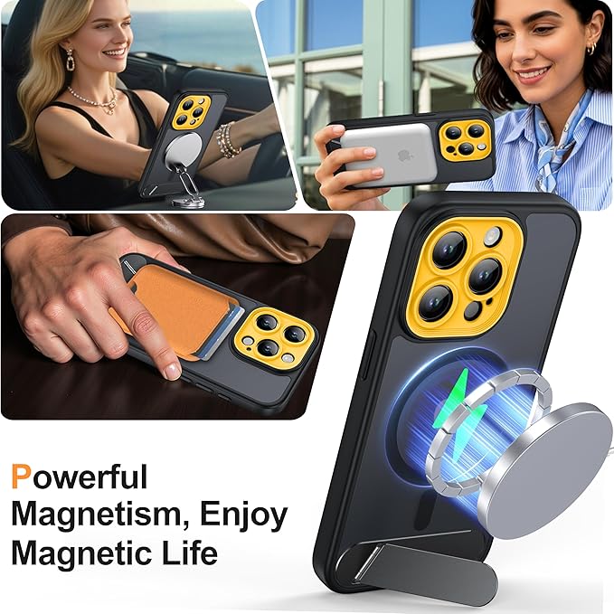 Magnetic Compatible with iPhone 15 Pro Case, [Built-in Kickstand][Full Camera Protection][Compatible with MagSafe][Anti-Fingerprint] Shockproof Phone Case for iPhone 15 Pro 6.1",Black & Yellow