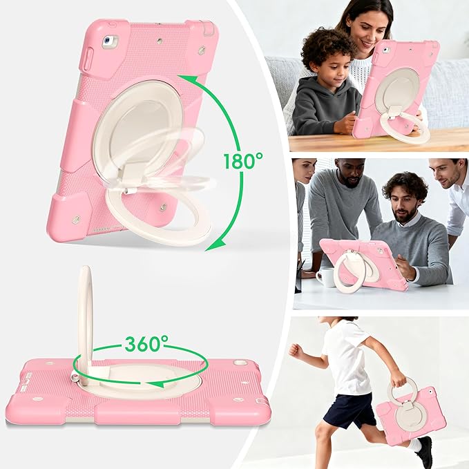 Andnary Case for iPad 9th/8th/7th Generation 10.2 inch, Shockproof Cover with Screen Protector/360° Rotate Stand/Pencil Holder/Shoulder Strap, Kids Case for iPad 2021/2020/2019 (Pink+White)