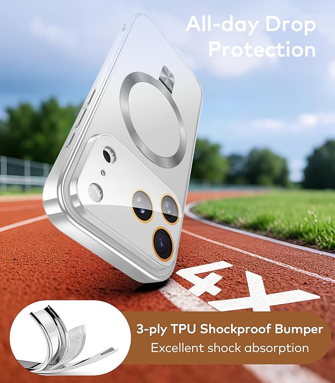TOBOVON Magnetic for iPhone 17 Pro Max Case with Ring Stand, Fits MagSafe, with Built-in Camera Lens Protector, Slim Electroplated Shockproof Phone Cover, Silver