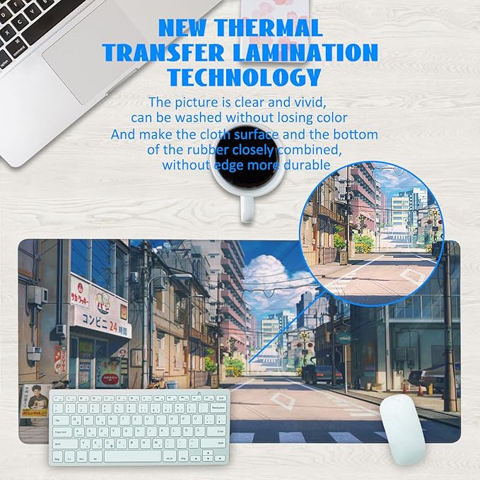 Desk Mat, Anime Summer Street Scenery Extended Gaming Mouse Pad Large, 35.4"x15.7" Big Mouse Pad with Non-Slip Base and Stitched Edge, Long Computer Keyboard Mouse Mat for Home Office Work