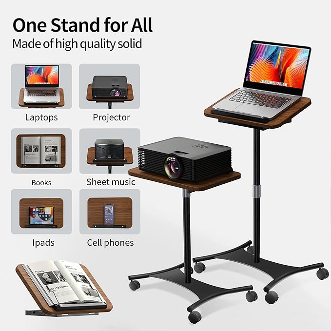NAMON Rolling Laptop Stand, 2 in 1 Dual-use Floor & Desktop, Adjustable Height from 16.5" to 51",with 4 Silent Lockable Casters, Laptop Floor Stand Perfect for Home, Office, Study (Walnut Finish)