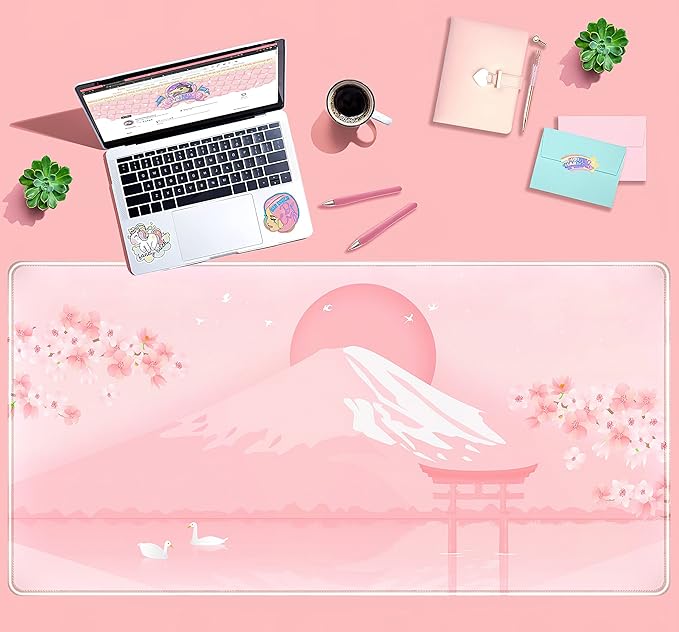 Cherry Blossom Mouse Pad Kawaii Pink Floral Desk Mat, Japanese Pastel Sakura Large Anime Gaming Mousepad XXL, Cute Aesthetic Mount Fuji Japan Keyboard Mats for Women Office Desk Pads 31.5"x15.75"