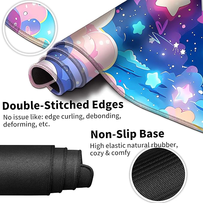 Large Mouse Pad Set 35.4 x 15.7 with Keyboard Wrist Rest, Wrist Support, and Coaster, Waterproof Memory Foam Smooth Desk Pad Mousepad for Home Office School - Pastel Rainbow Star