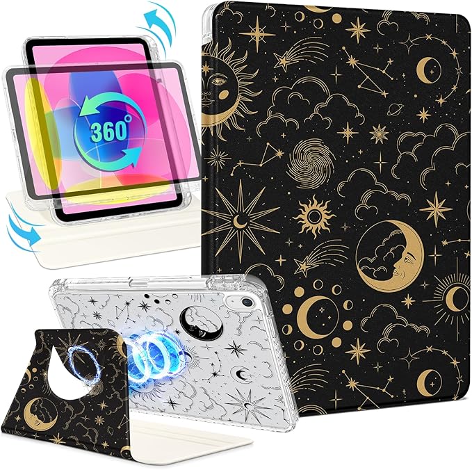 Shorogyt for iPad A16 11th Generation 11 inch 2025 /for i Pad 10th Generation case Magnetic Stand for Women - Cute Design 360 Degree Rotating Covers Girls Aesthetic with Pencil Holder,Sun Moon
