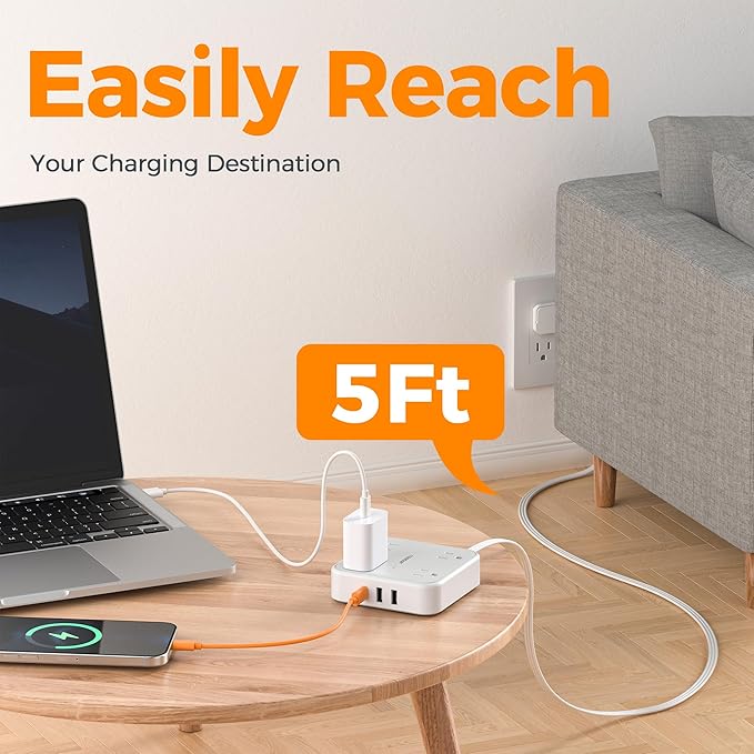 TESSAN Surge Protector Flat Extension Cord 5Ft, Ring Plug Power Strip with 4 Outlets 3 USB Ports (1 USB C), 900 Joules Protection, Multiple Wall Outlet Extender Suitable for Home Office Dorm, Grey