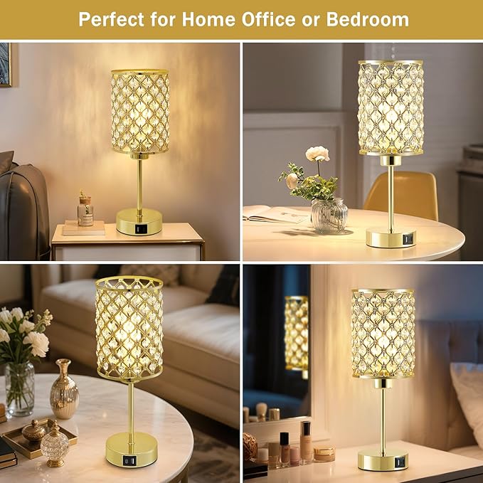 GyroVu Crystal Table Lamps Set of 2, Gold Touch Lamp for Nightstand with USB C+A Ports, Dimmable Small Bedside Lamp with Crystal Shade, End Table Desk Lamps for Bedroom, Living Room(Buld Included)