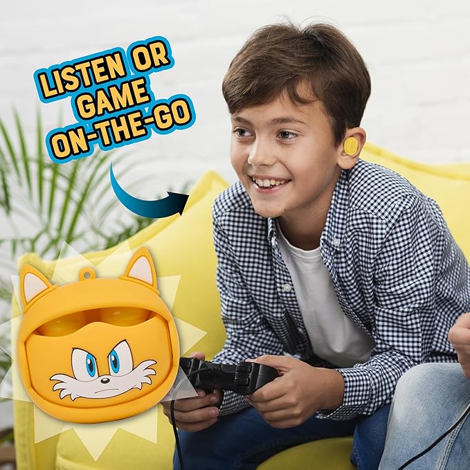 Sonic The Hedgehog Wireless Earbuds, True Wireless Bluetooth Earbuds, in-Ear Headphones with Active Noise Cancelling and Charging Case (Tails)
