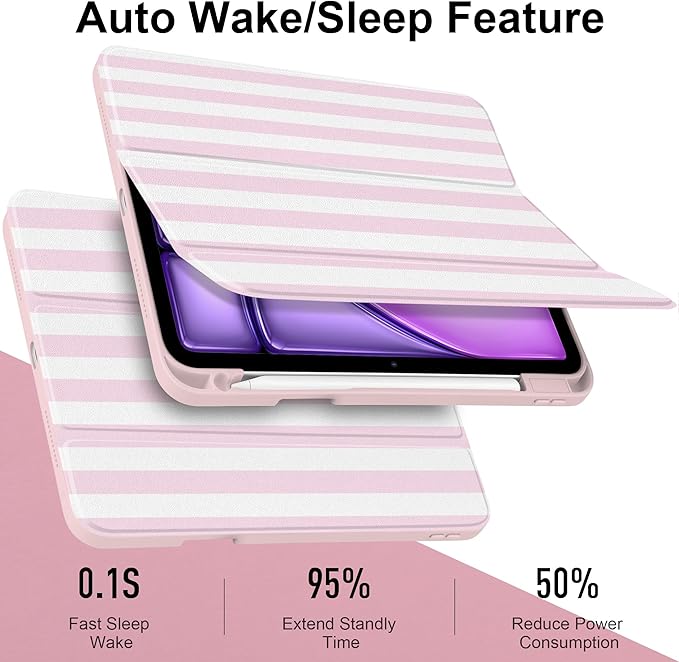 Case for iPad Air 11 inch M4 2026 M3 2025 M2 2024 Release with Pencil Holder - Cute Pink White Striped Trifold Cover with Clear Back Auto Sleep/Wake, Aesthetic Soft Protective Skin for Girls