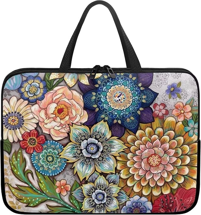 15 Inch Boho Flowers Laptop Sleeve for Women Girl, Slim Water Resistant Computer Carrying Case with Handle, Durable Protective Laptop Tote Bag Cover Compatible with Tablet/Notebook/Reader