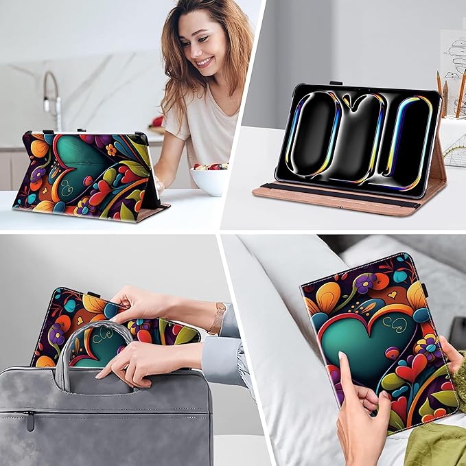 Case for iPad Pro 13 inch (M5/M4) 2025/2024, Premium Leather Folio Stand Protectors Cover with Auto Wake/Sleep, Pencil Holder, Hand Strap and Card Slots - Watercolor