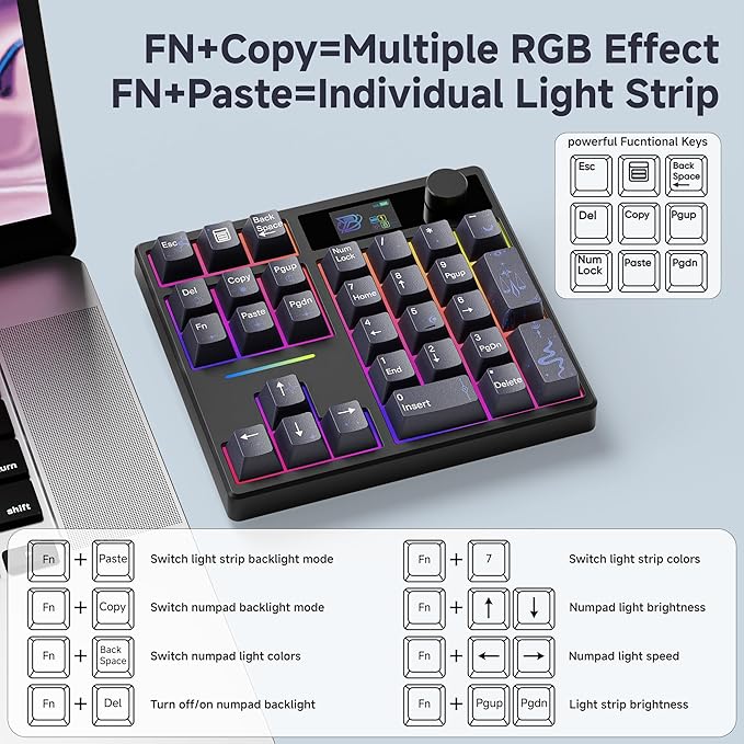 BOYI TD31Pro Mechanical Number Pad,Bluetooth5.0/2.4G/Type-C Wireless Numeric Keypad,RGB HotSwap Numpad with Screen&Knob,PBT Keycaps Gasket keypad Programmable for Win/Mac/Gaming(Black-Star Moon)