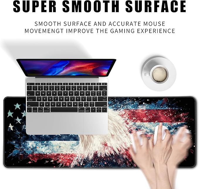 American Flag Eagle Mouse Pad Gaming Desk Pad Independence Day Extra Large XL Mousepad (31.5x11.8 in), Desk Mat Pad Home Office Decor Stitched Edges Smooth Surface Non-Slip Bottom Mat