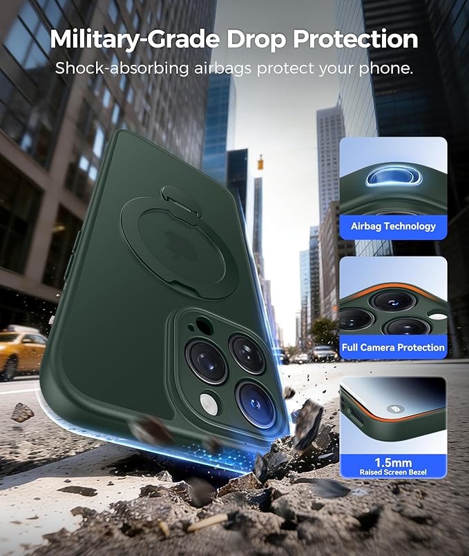 FNTCASE for iPhone 14 Pro Case: [360 Spin Magnetic Stand] [Compatible with Magsafe] [Screen Protector] Translucent Matte Military Grade Shockproof Full Camera Protective Phone Cover - Green