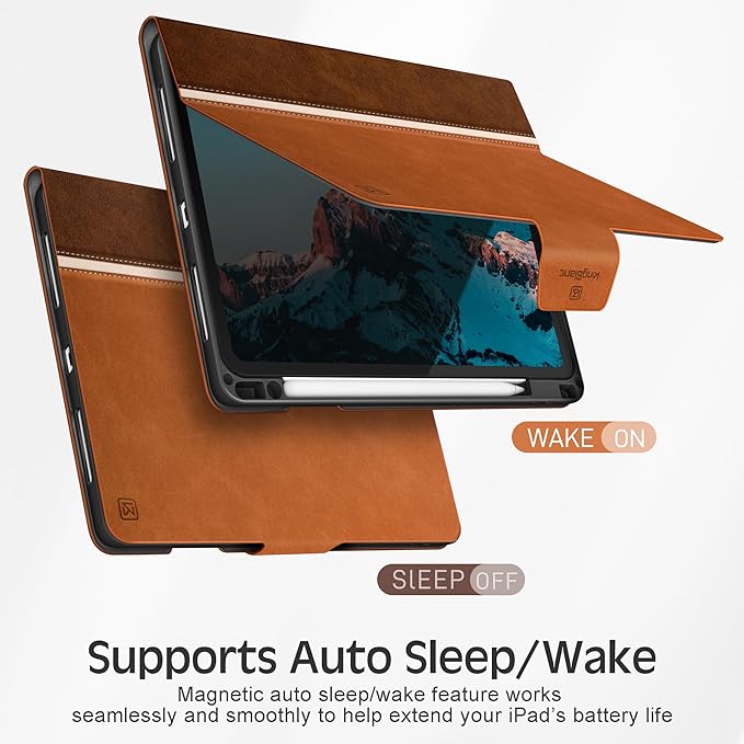 KingBlanc Case for iPad Pro 13 inch (M5 2025/M4 2024) with Pencil Holder, Vegan Leather Stand Cover, Auto Sleep/Wake, Support Pencil Pro/(USB-C), Viewing/Writing Angles, Vintage Notebook Style,Brown