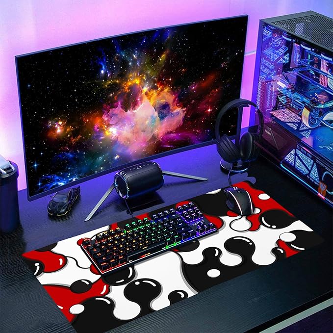 Red Black White Mouse Pad XL Large Cool Geometric Japanese Extended Desk Mat 60X35 cm Non-Slip Rubber Base Stitched Edge Large XL Mousepad for Desk Gaming Laptop Desktop,24x14 Inch