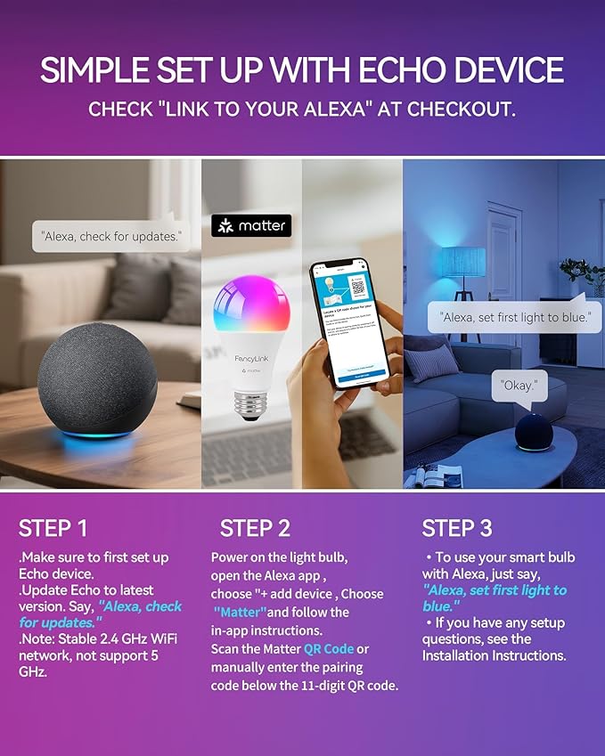 Matter Smart Light Bulbs, Color Changing Light Bulb, hub Required, A19 60W,2.4Ghz WiFi only,Compatible with Alexa Google Assistant, Apple Home,16 Million Colors RGBCW 800 Lumen,2 Pack