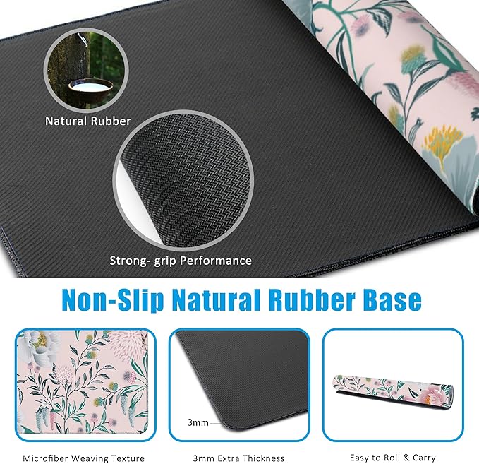 Floral Desk Mat,Large Gaming Mouse Pad,Non-Slip Rubber Base Desk Pad with Stitched Edges for Desk Office Home Decor 35.4X15.7 Inch
