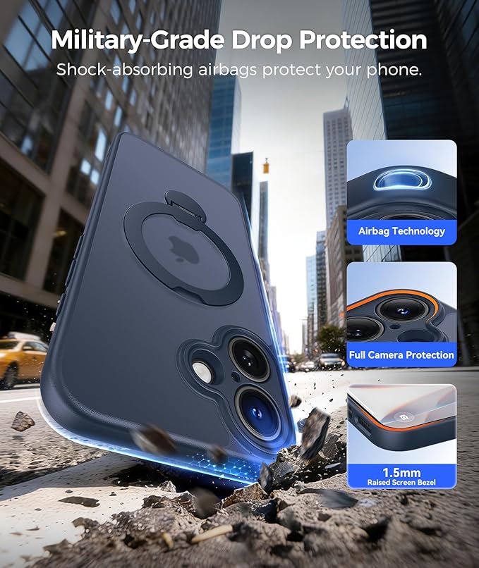 FNTCASE for iPhone 17 Case: [360 Spin Magnetic Stand] [Compatible with Magsafe] [Screen Protector] Translucent Matte Military Grade Shockproof Full Camera Protective Phone Cover - Deep Blue