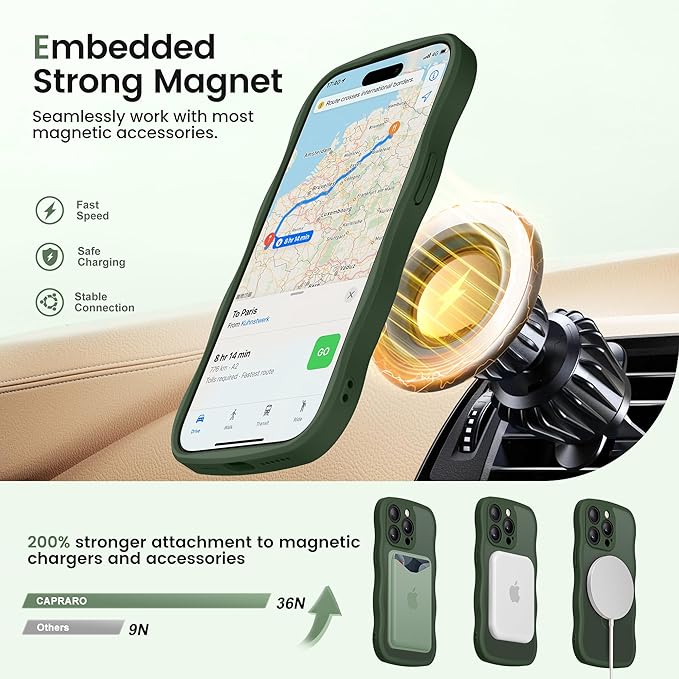 CAPRARO for iPhone 13 Pro Max Case with 360° Spin Magnetic Stand for Women, [Compatible with MagSafe] [Full Camera Protection] Cute Wave Translucent Matte Case for iPhone 13 Pro Max, Dark Green