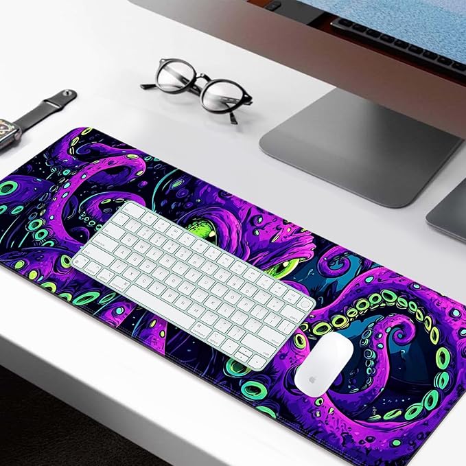 Octopus Monster Gaming Desk Mat, Computer Keyboard Large Extended Cool Neon Animal Mouse Pad for Office and Home, 31.5×11.8 Inches, XL