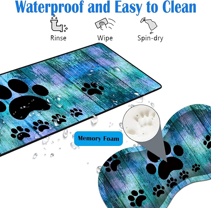 3 Piece Mouse Pad Set with Stitched Edge Large Anti-Slip Mouse Pad Desk Pad Keyboard Pad + Wrist Rest Pad + Coaster, Memory Foam Wrist Rest for Office/Home -Antique Blue Wood Grain Dog Paw