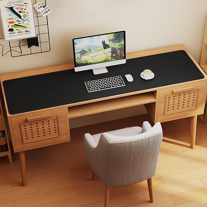 Chihein 71” x 20” Cork & PU Leather Desk Mat (Black) - Huge Mouse Pad, Double Sided Waterproof Desk Pad Protector for Gaming, Office, Home