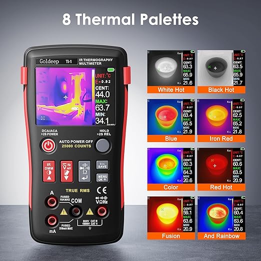 Goldeep 2 in 1 Thermal Imaging Camera, 240 x 240 TISR Resolution, 96x96 IR Resolution with 25000 Counts Multimeter, Professional Digital Multimeter with IR Camera, -4℉-1022℉ Temperature Range (Black)