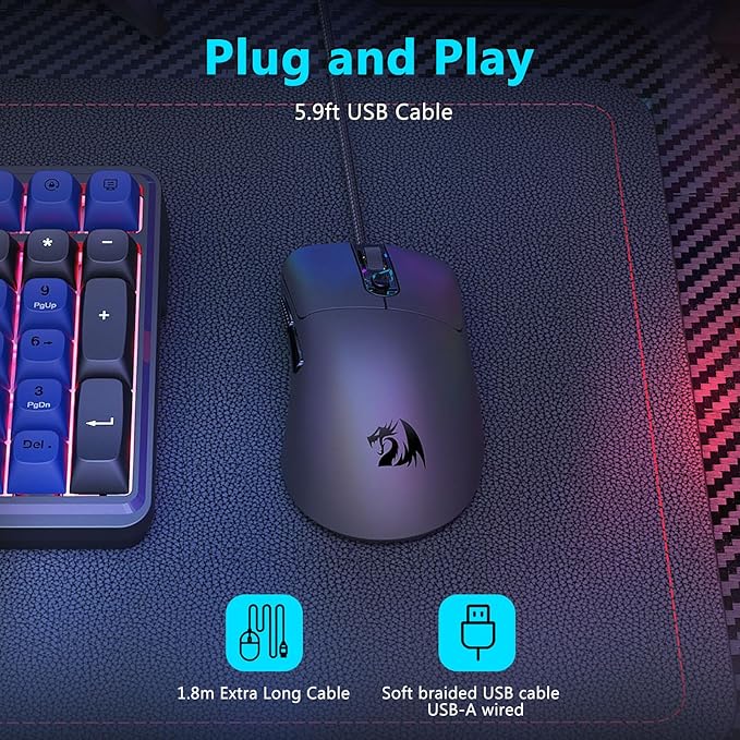 Redragon Wired Gaming Mouse, Lightweight Ergonomic Optical Mouse, 5 Adjustable DPI Up to 24000, 6 Programmable Buttons, Soft Braided Cable for Windows PC Gamers & Laptop - Black