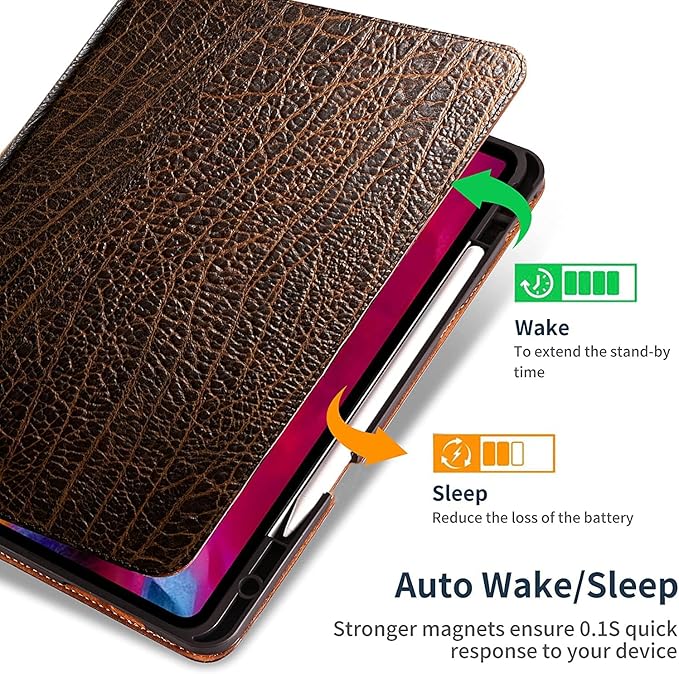 Gexmil Genuine Leather Case for iPad Pro 11 Inch (M5/M4) 2025/2024 with Pencil Holder,Protective Shockproof Leather Smart Folio Cover Adjustable Stand Auto Sleep/Wake Anti-Slip,Buffalo Pattern