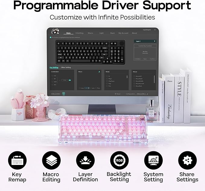 KiiBoom Phantom 98 Crystal Mechanical Gaming Keyboard, Transparent Keyboard with RGB Backlits, Hot-Swappable, Shine Through Clear Keycaps, 3 Modes Wireless, 8000mAh Battery, NKRO for Win/Mac (Pink)