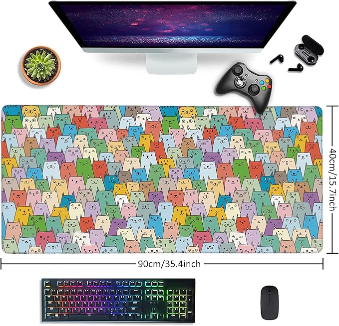 Cute Colorful Cats Extended Gaming Mouse Pad Large Desk Mat with Non-Slip Rubber Base and Stitched Edges,Keyboard Mouse Mat Desk Pad for Work,Game,Office,Home 35.4 * 15.7 Inch