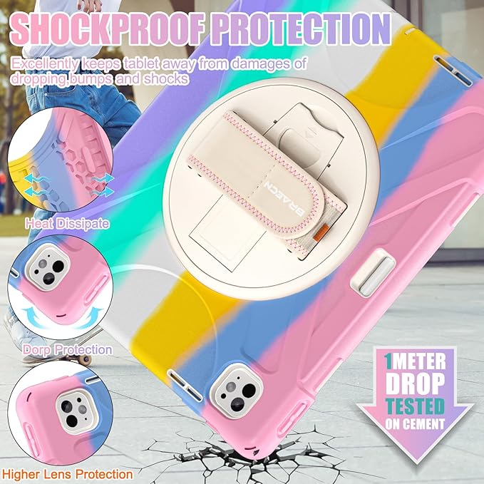 BRAECNstock Kids Case for Apple iPad Pro 13 inch M5 2025 / M4 2024, Shockproof Protective iPad 13 Pro Case with Pen Holder [360 Rotating Hand Strap & Stand], Shoulder Strap, Colorful Pink