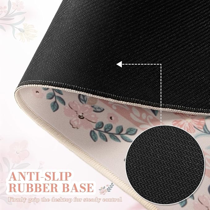 iCasso Pink Floral Desk Mat, Desk Pad, XXL Large Mouse Pad, Anti-Slip Big Mousepad with Stitched Edges, Computer Mouse Pads for Desktop Decor, Cute Office Desk Accessories for Women(Pink)