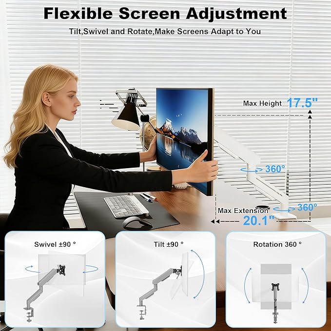 THEARK Single Monitor Desk Mount 17"-32" Screens - Adjustable Gas Spring Monitor Arm Computer Monitor Stand up to 19.8 lbs,VESA Arm Desk Mount with C-Clamp and Grommet Base,VESA 75x75/100x100mm,Silver