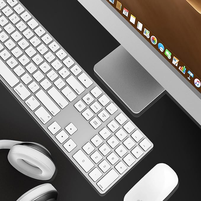 Bluetooth Slim Keyboard for Mac, Aluminum Rechargeable Keyboard Wireless, Low-Profile Silent Flat Key Compatible with Apple iMac, MacBook, Mac and iOS, Full Size - Silver White